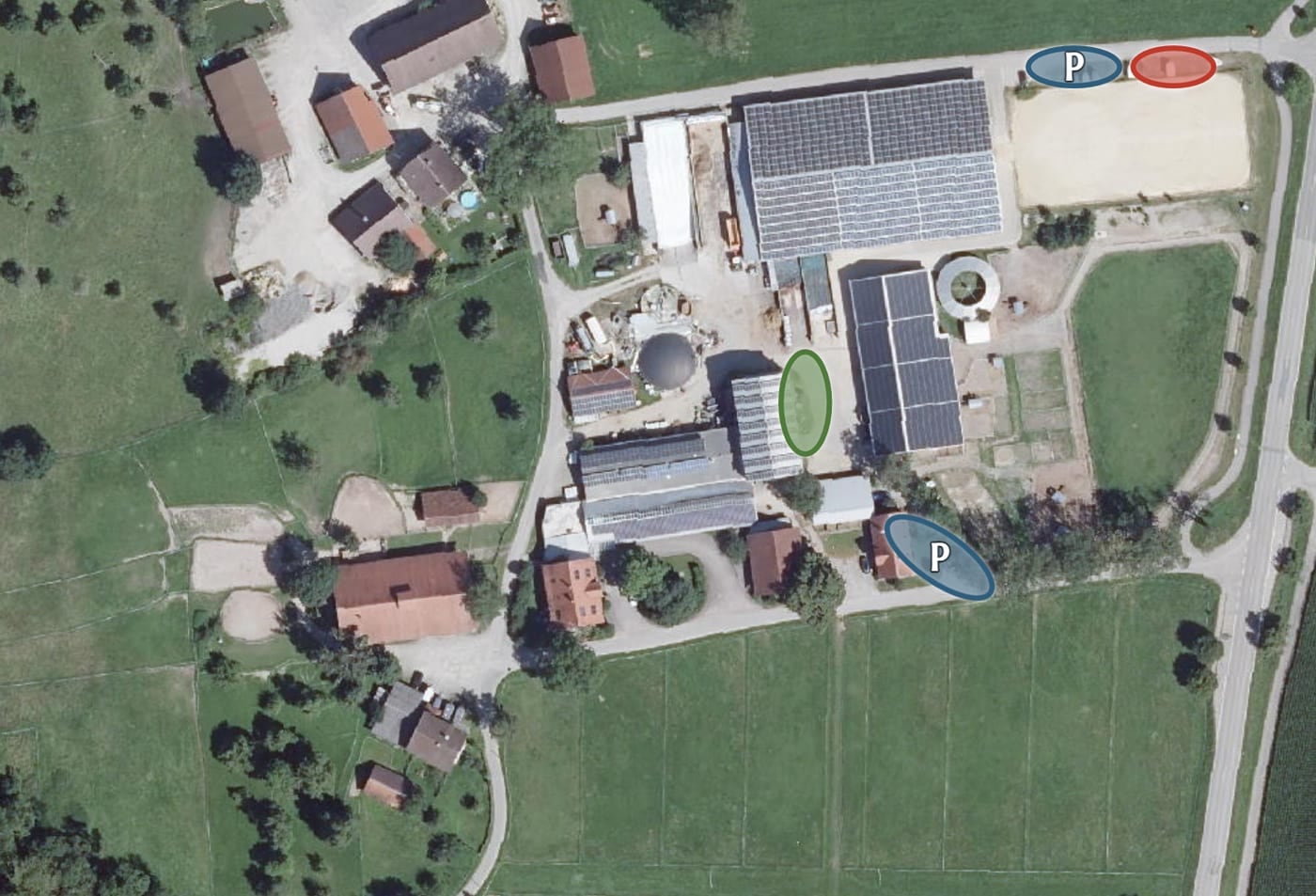 Luftbild der Reitsportanlage Haldau mit eingezeichneten Parkzonen: blaue Auto-Parkplätze mit P, rote Pferdeanhänger-Stellplätze und grüne Be-/Entladezone.
