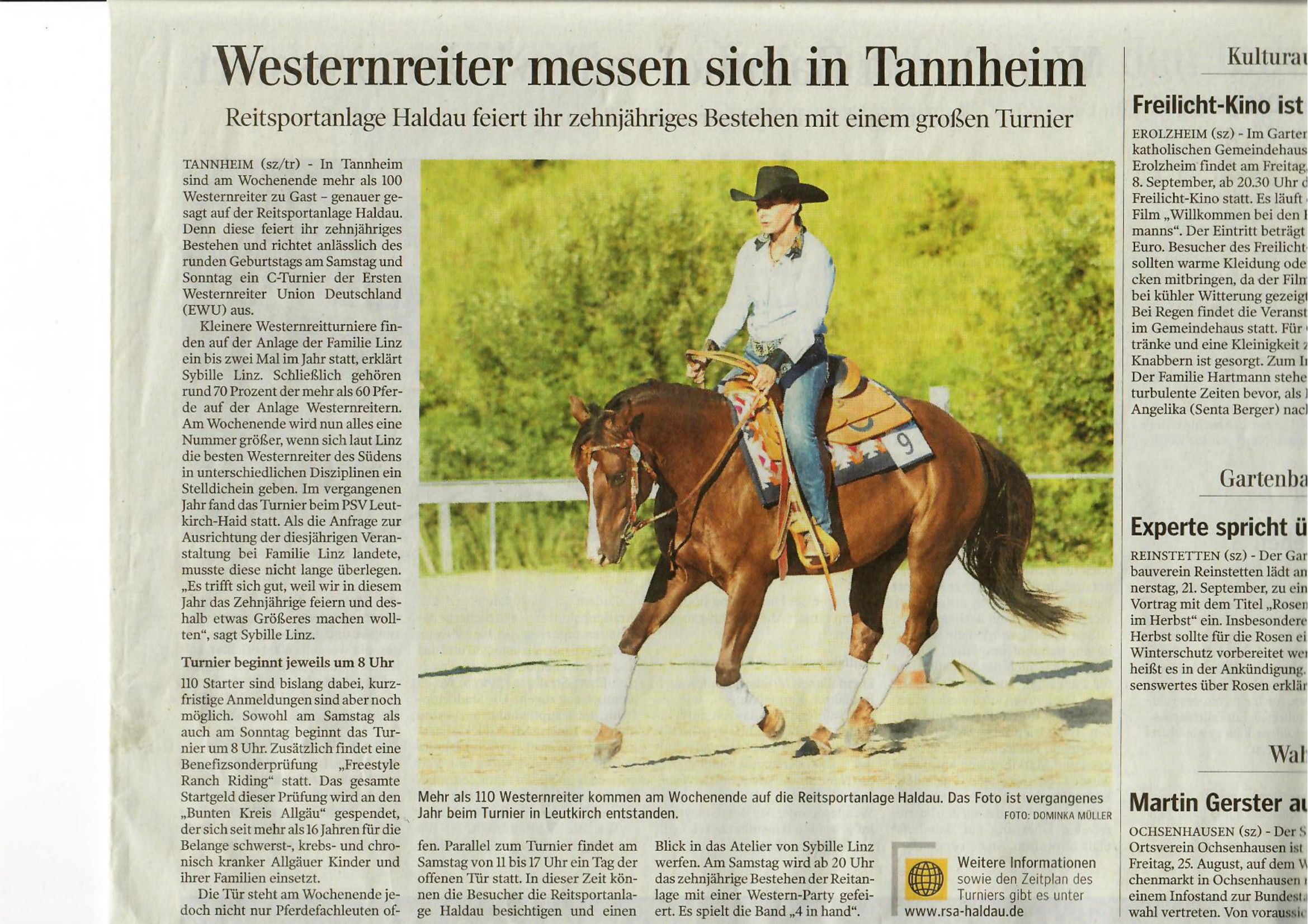 Zeitungsartikel „Westernreiter messen sich in Tannheim" über das zehnjährige Bestehen der Reitsportanlage Haldau