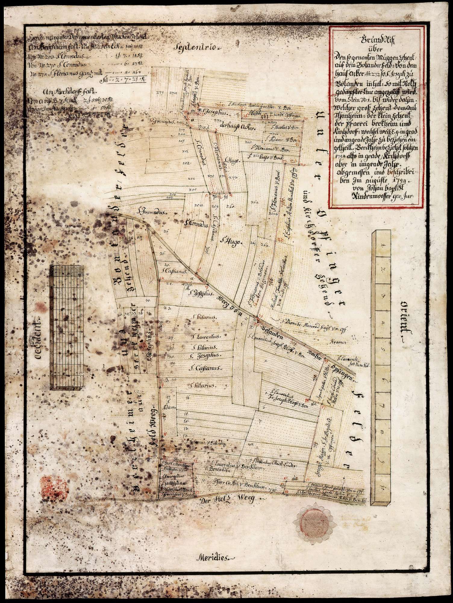 Historischer, handgezeichneter Grundriss des Muckenzehnts auf dem Bolander Feld bei Haldau von 1794