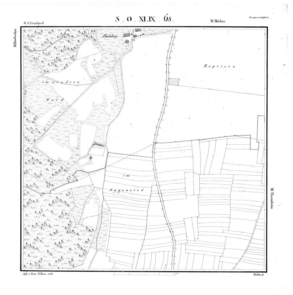 Historische Flurkarte mit Haldau, Wald und Eggenried, Kartenblatt S.O. XLIX 68