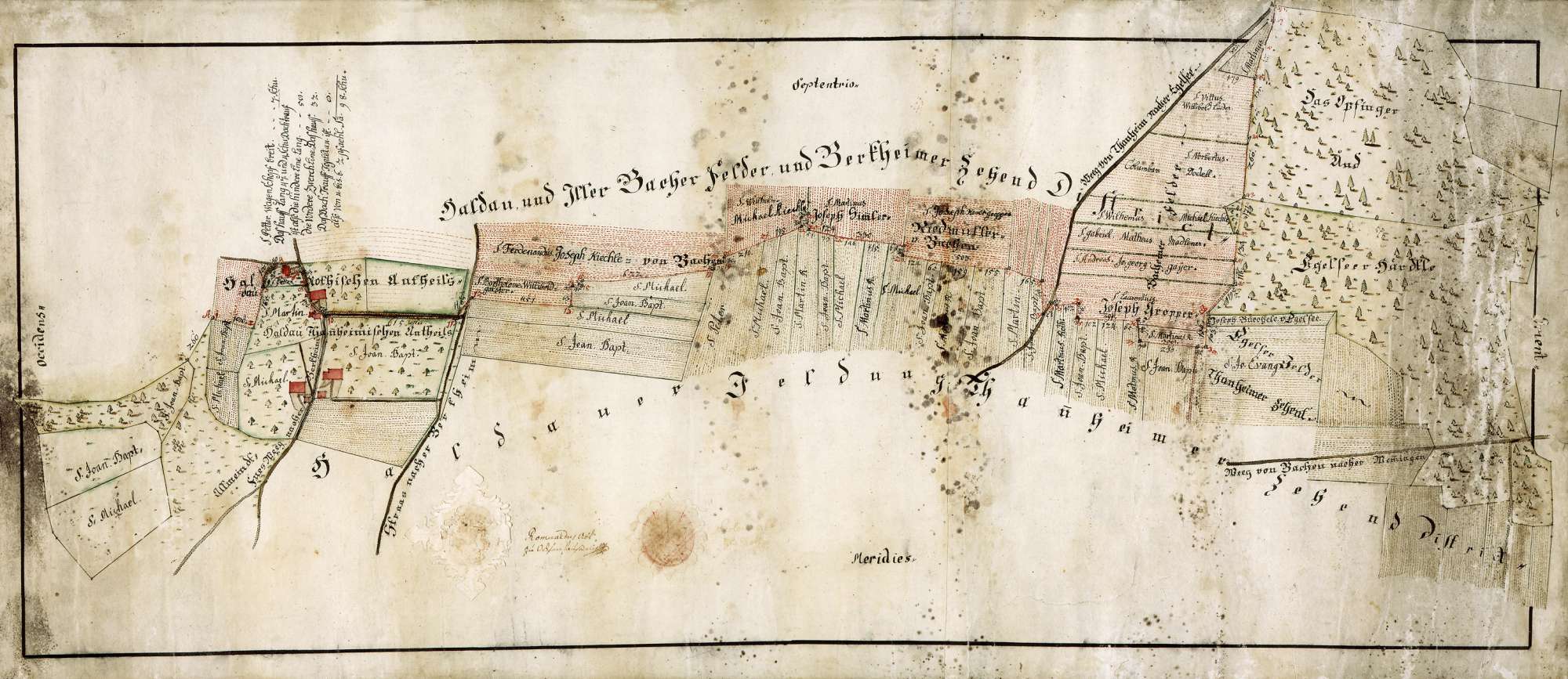 Historische, handgezeichnete Landkarte der Haldauer und Illerbacher Felder von 1789