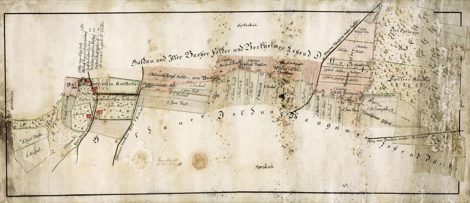 Historische, handgezeichnete Landkarte der Haldauer und Illerbacher Felder von 1789