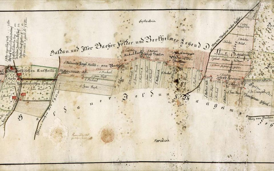 Historische, handgezeichnete Landkarte der Haldauer und Illerbacher Felder von 1789