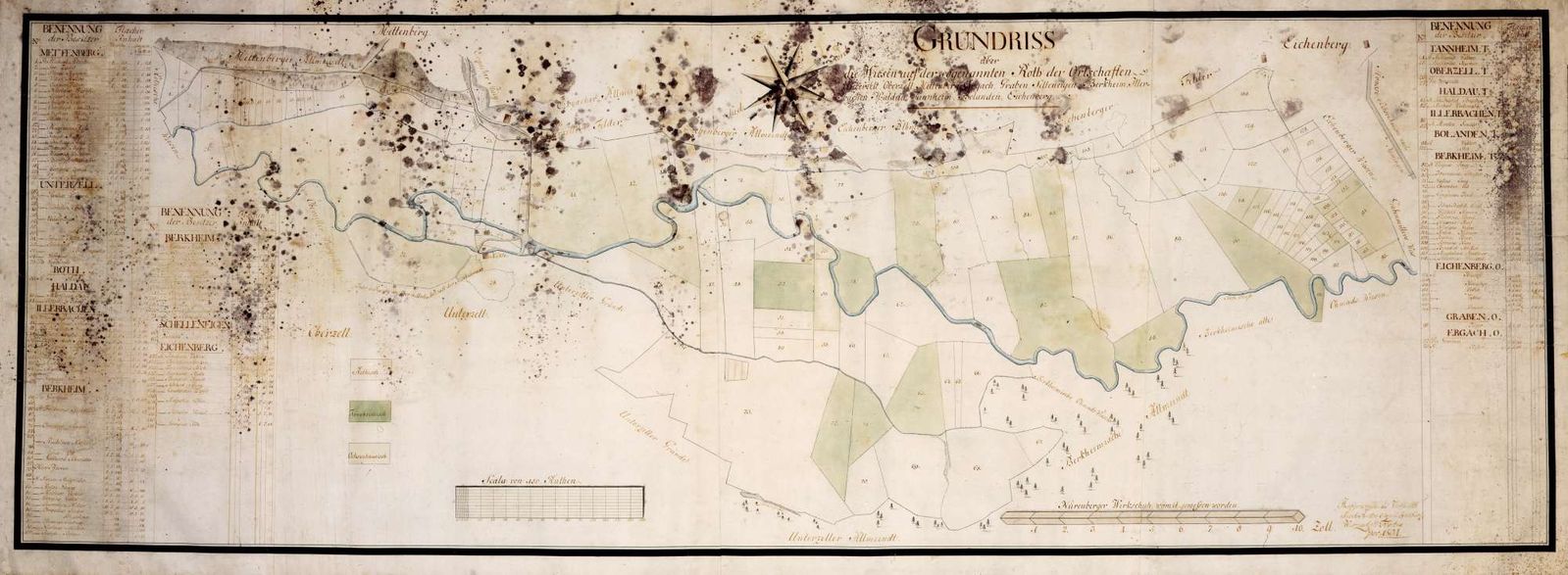 Historischer, kolorierter Grundriss der Wiesen auf der Roth bei Tannheim, Haldau und Berkheim