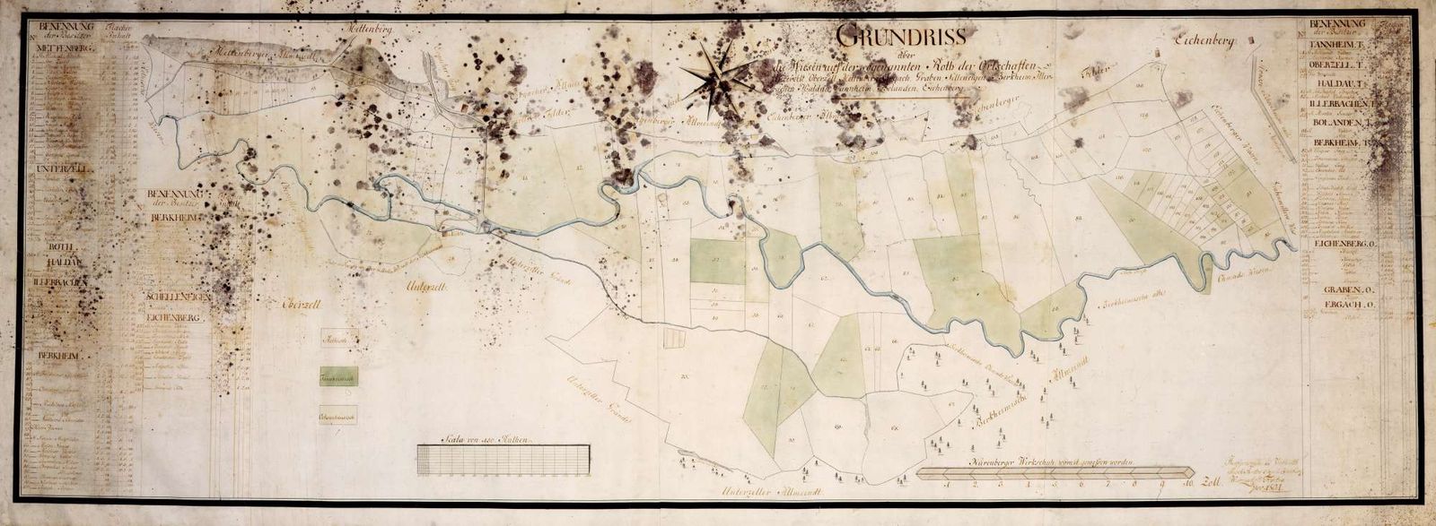 Historischer, kolorierter Grundriss der Wiesen auf der Roth bei Tannheim, Haldau und Berkheim