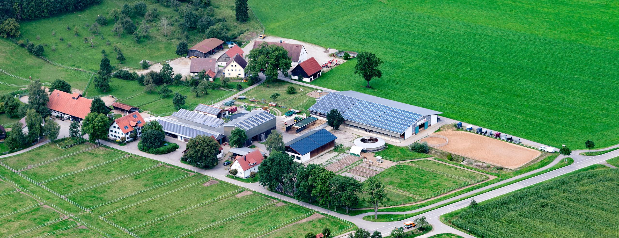 Luftbild der Reitsportanlage Haldau mit Reithalle, Außenplatz, Paddocks und Hof zwischen Wald und Wiesen