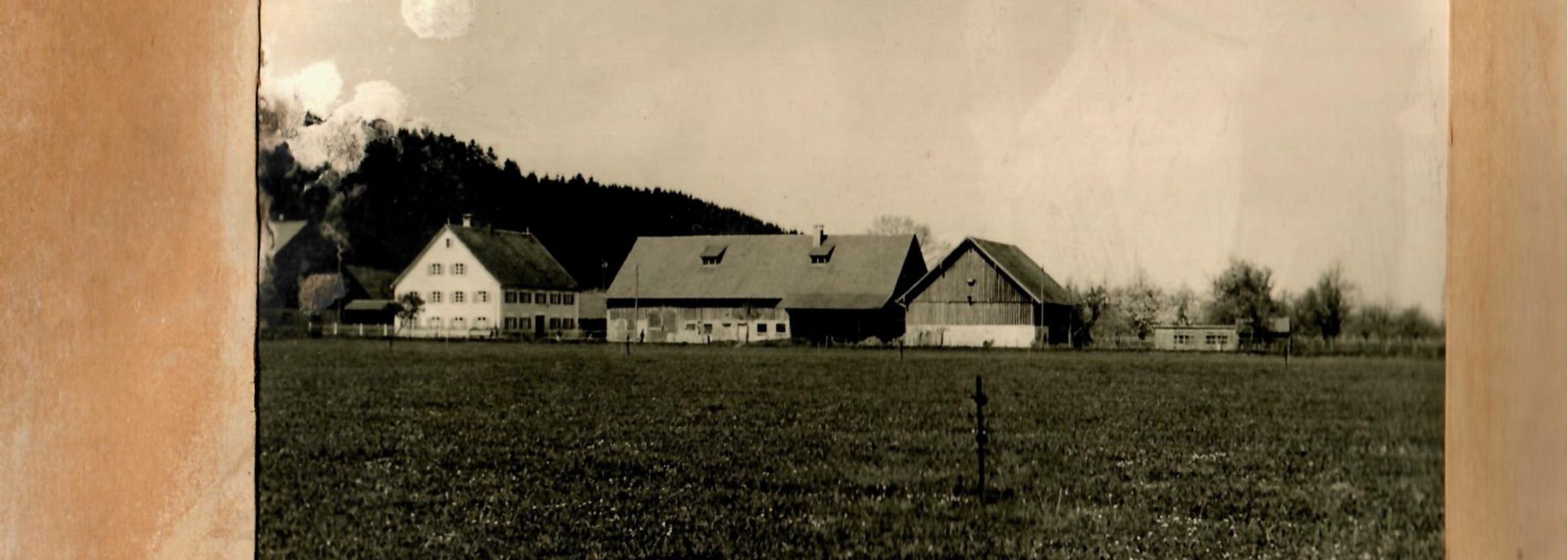 Historische Schwarz-Weiß-Aufnahme des Hofs Haldau mit Wohnhaus und Scheunen um 1924