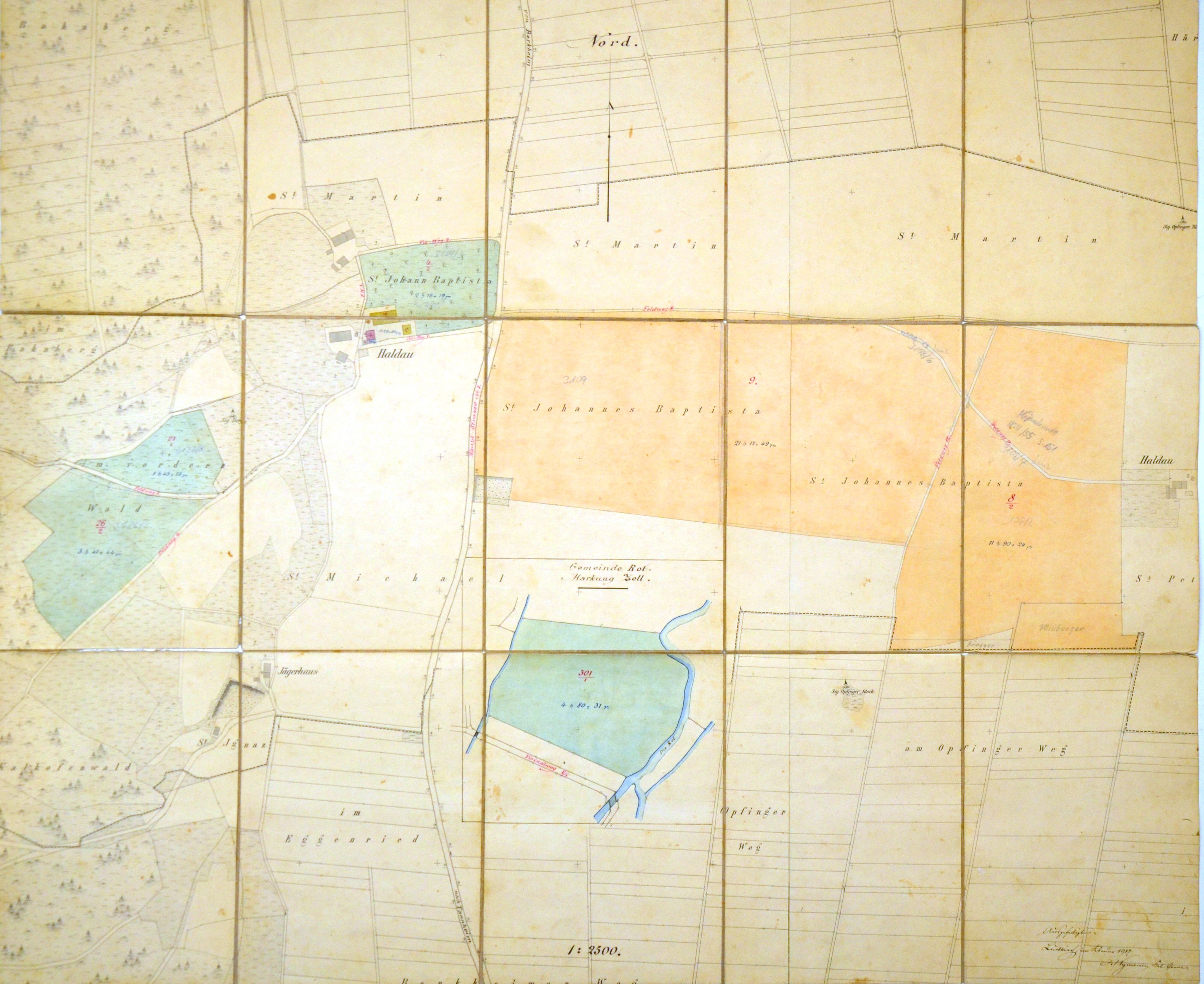 Kolorierter historischer Flurplan von Haldau mit Parzellen und Gewässern, 1917